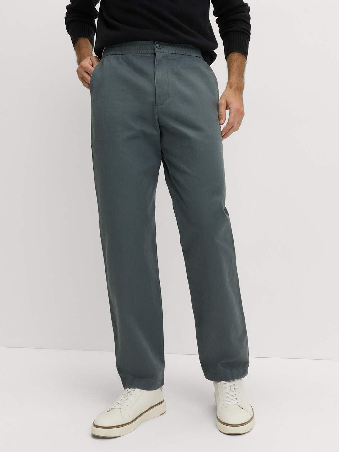 Marks & Spencer Men Tapered Fit Mid-Rise Pure Cotton Herringbone Trousers