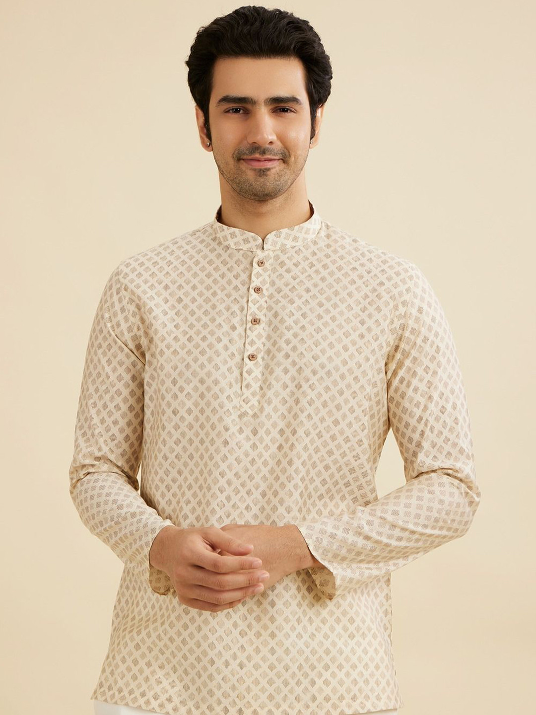 Manyavar Geometric Woven Design Mandarin Collar Short Kurta
