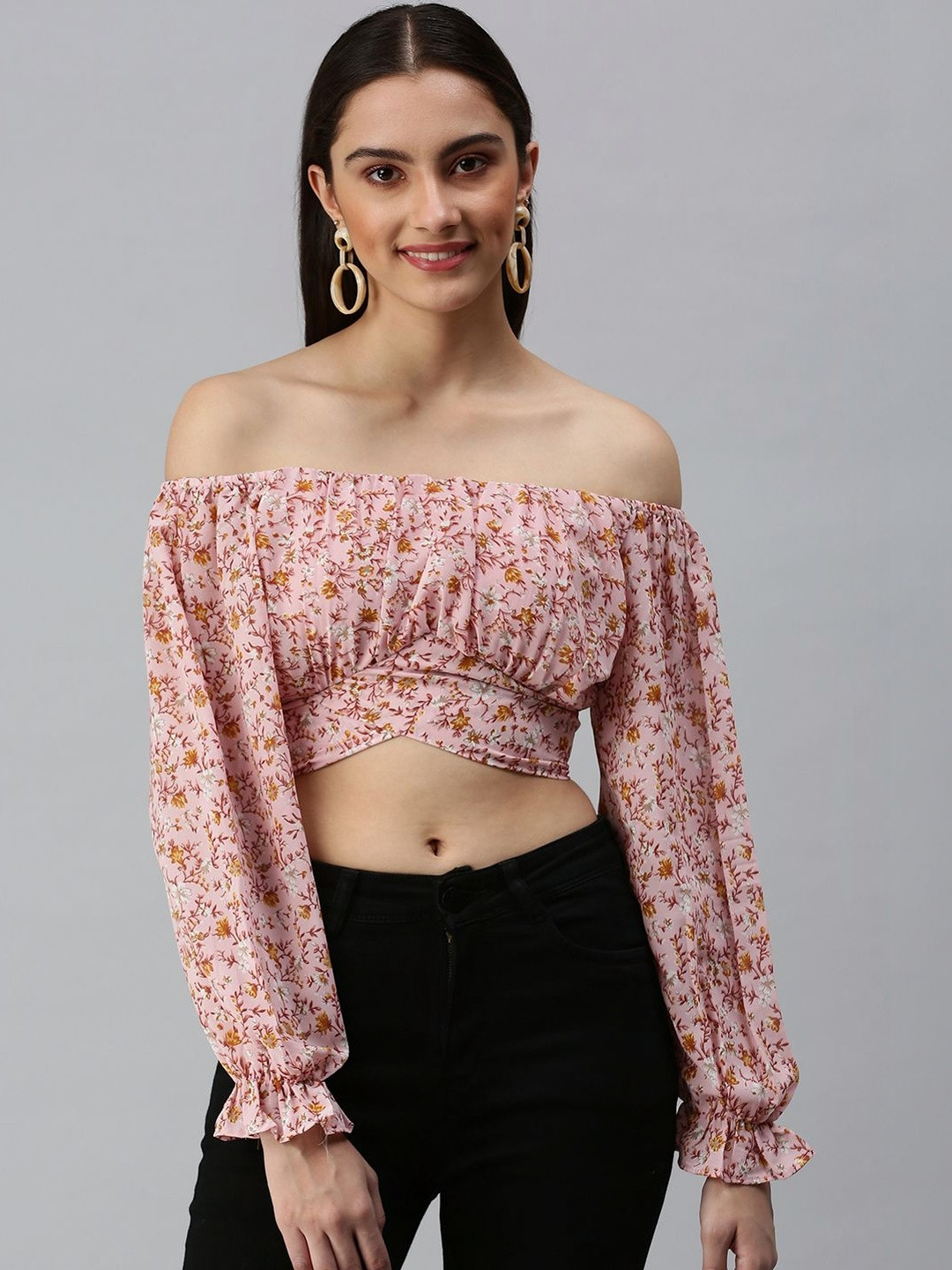 SHOWOFFFF Floral Print Off-Shoulder Georgette Bardot Crop Top