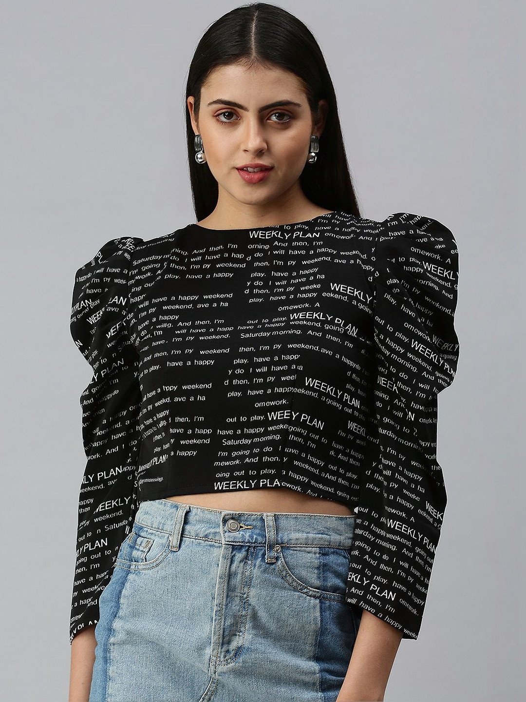 SHOWOFFFF Print Puff Sleeve Crepe Crop Top