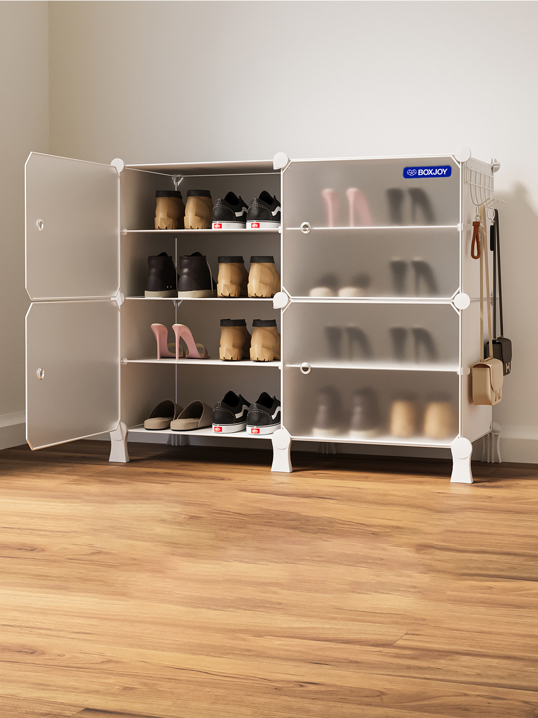 BOXJOY White Waterproof & Dustproof 8-Shelf Shoe Rack With Doors