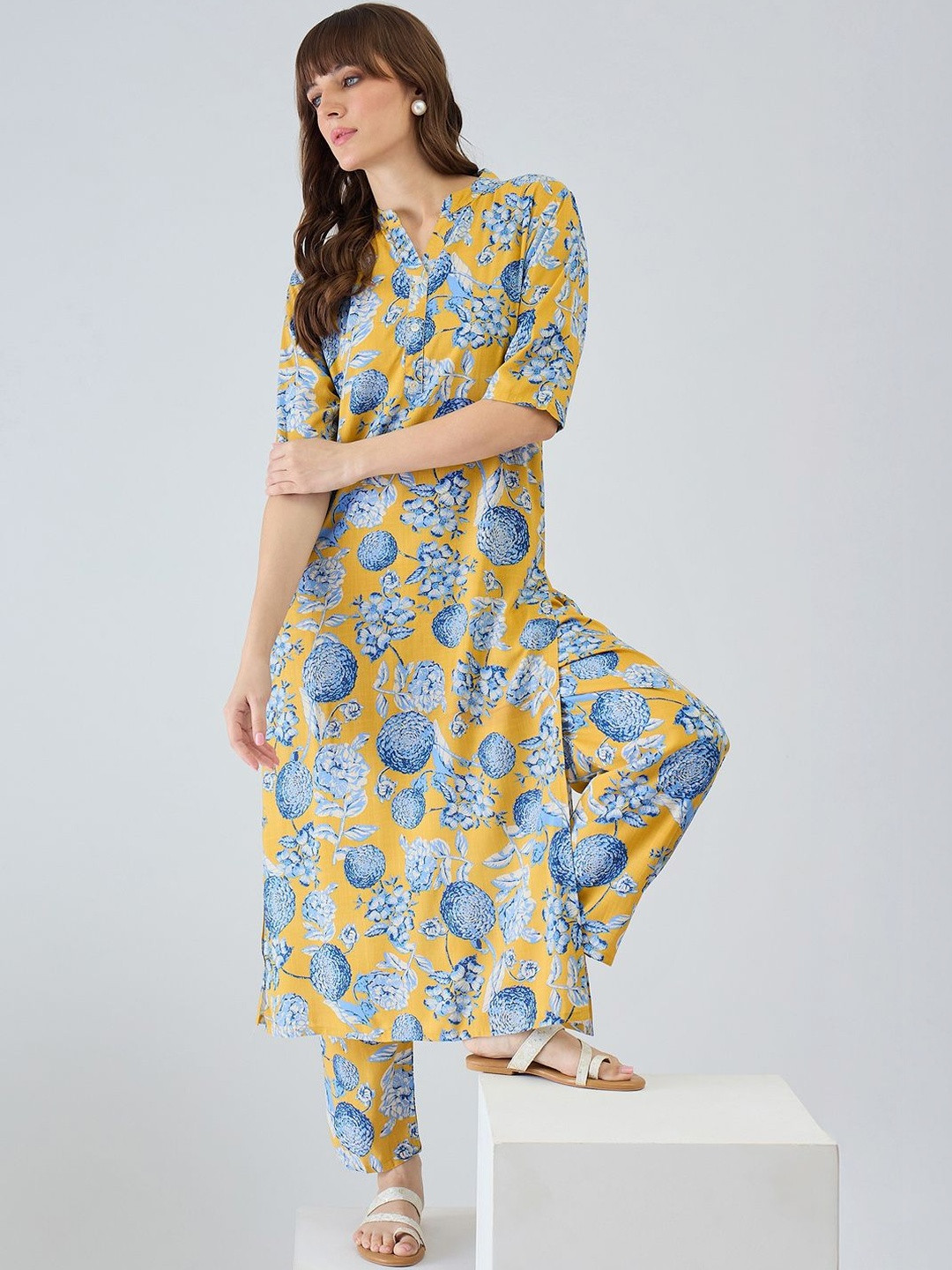 Indo Era Floral Printed Mandarin Collar Neck Straight Top With Trousers Co-Ords