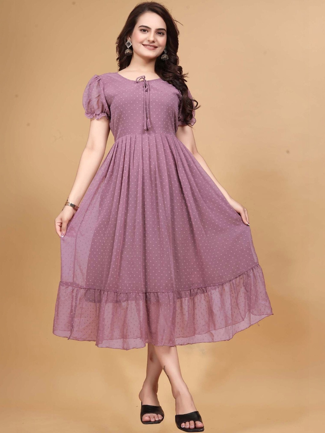 QENA Puff Sleeve Georgette Fit & Flare Midi Dress