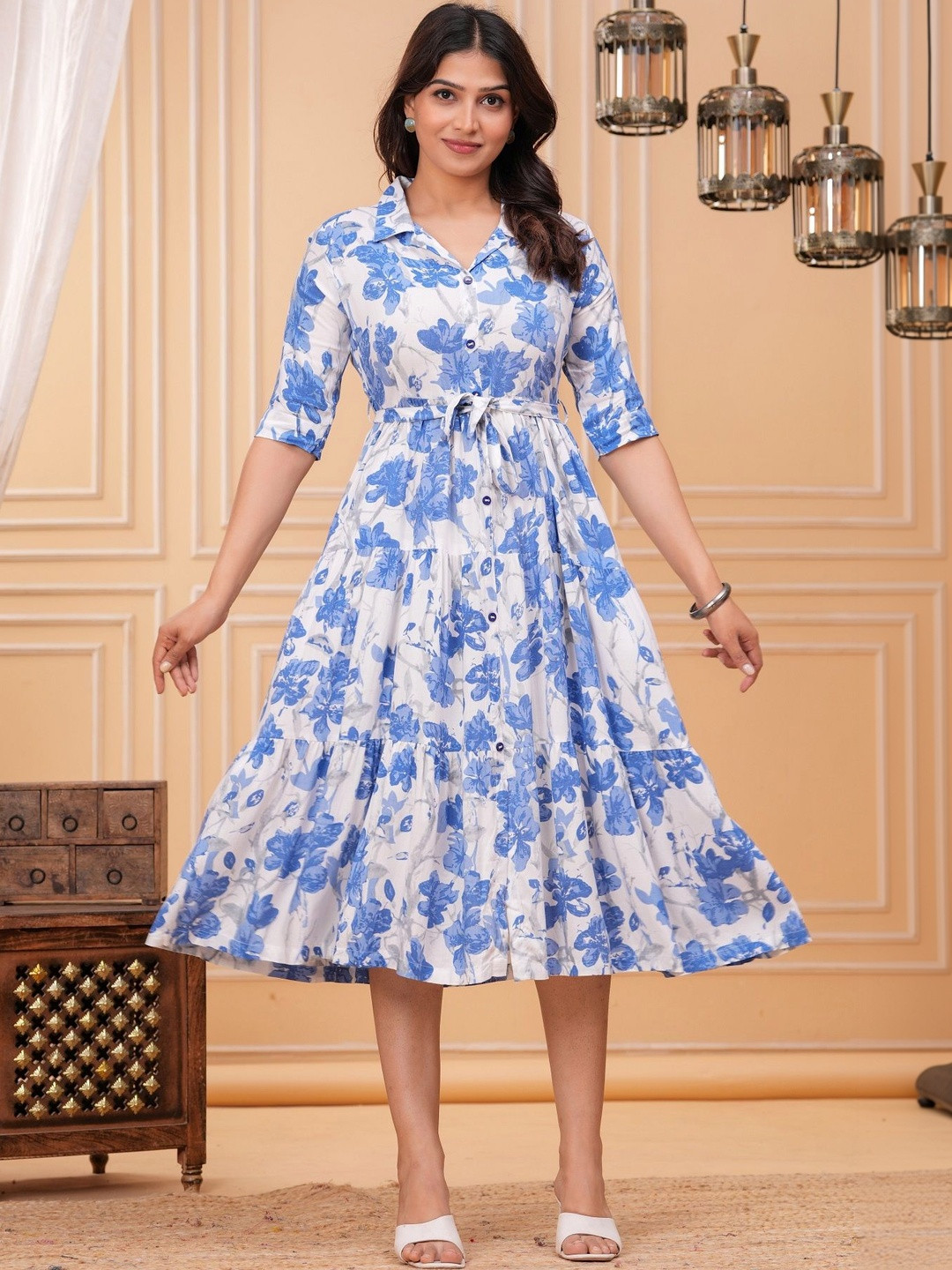 Maquien Floral Print Fit & Flare Midi Dress
