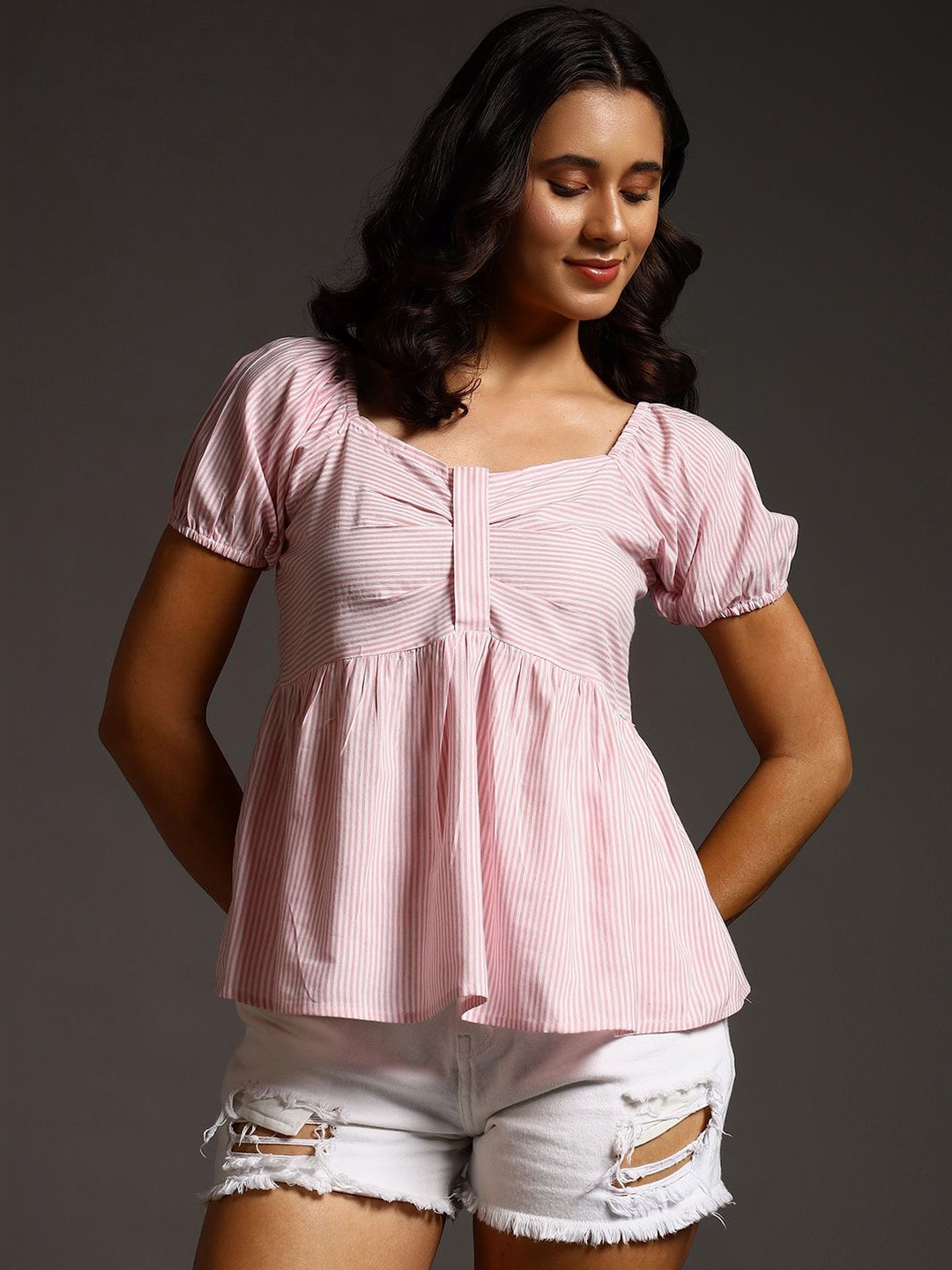 Swaggish Striped Sweetheart Neck Puff Sleeve Cotton Peplum Top