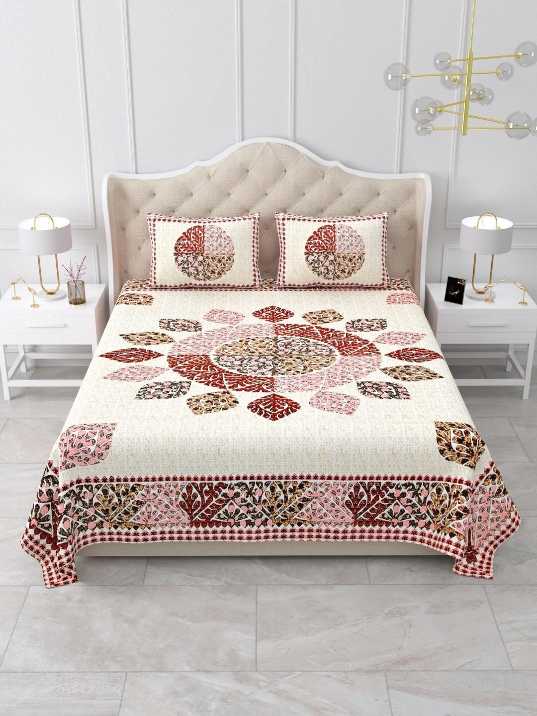 Qfab White Floral 300 TC King Bedsheet with 2 Pillow Covers