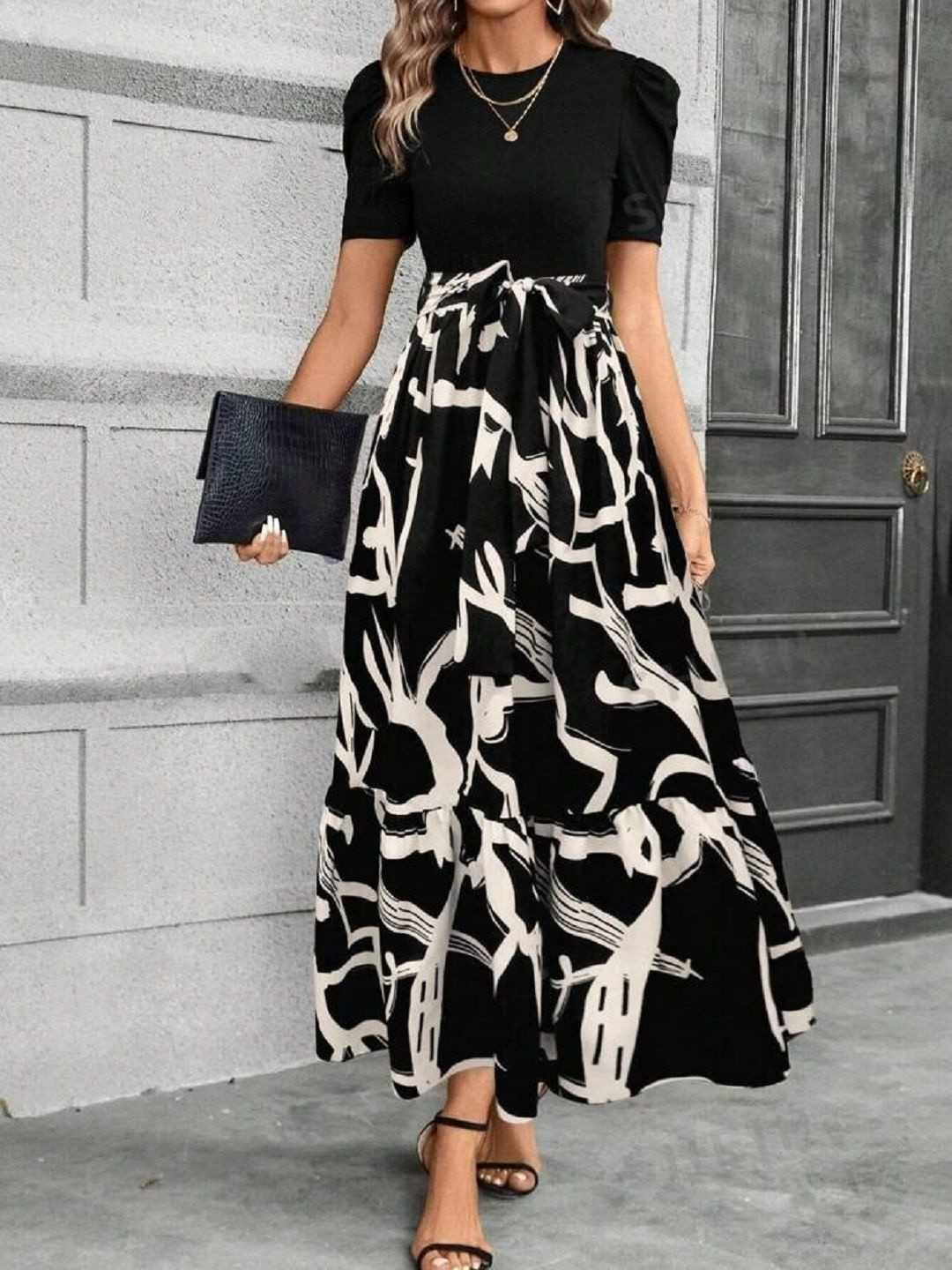 SHYAM SUNDARI Print Puff Sleeve A-Line Maxi Dress