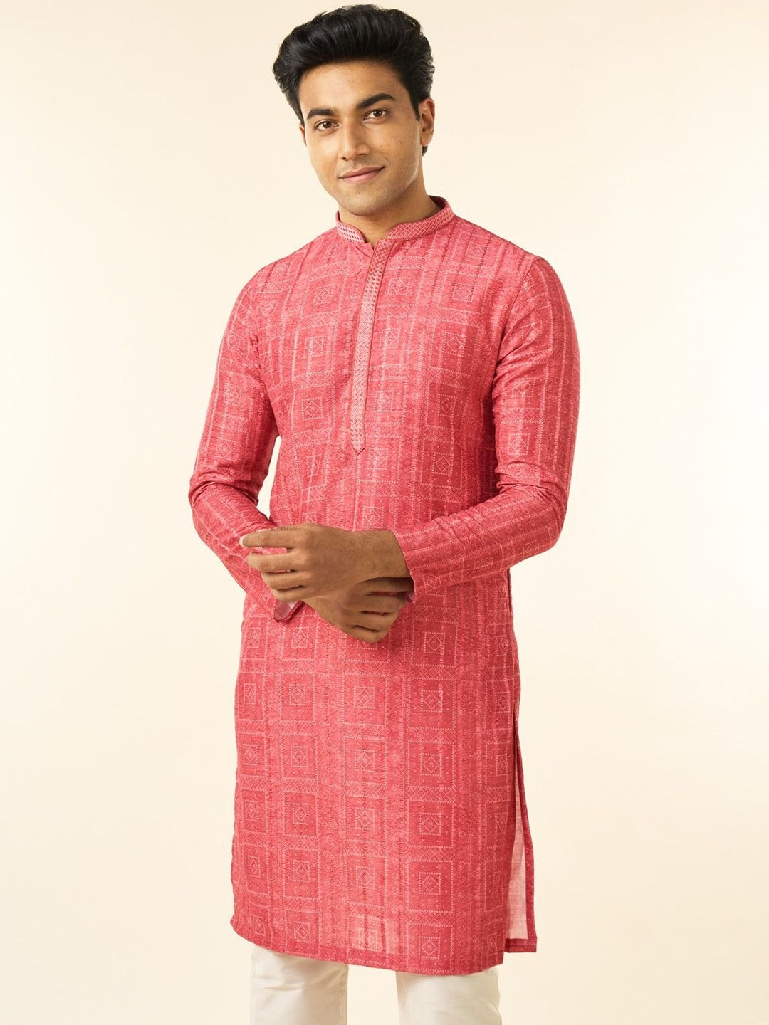 Diwas by Manyavar Ethnic Motifs Printed Mandarin Collar Neck Art Silk Kurta With Pyjamas