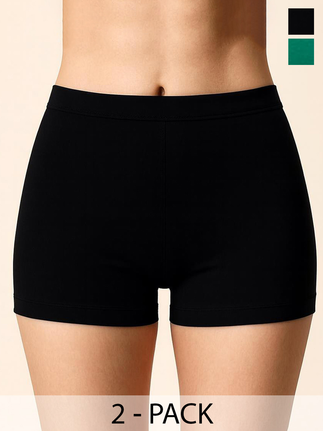 UllasPemium Women Pack Of 2 Black & Green High Coverage Mid Rise Cotton Blend Boy Shorts
