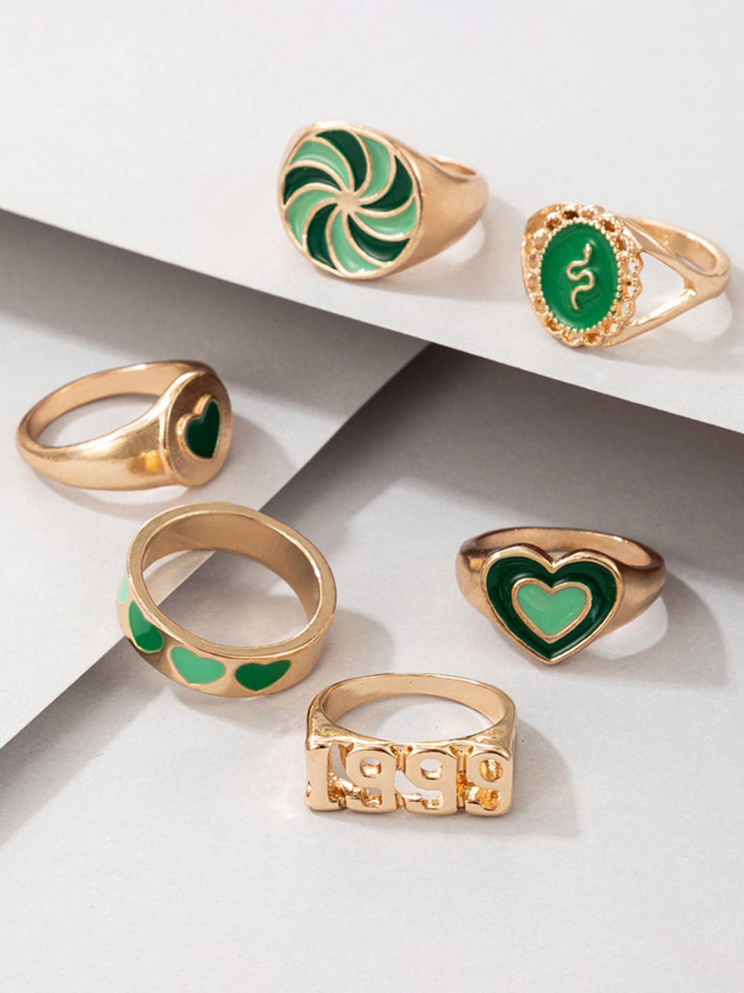 TheVineGirl Women 6 Pcs Green Gold-Plated Ring Set