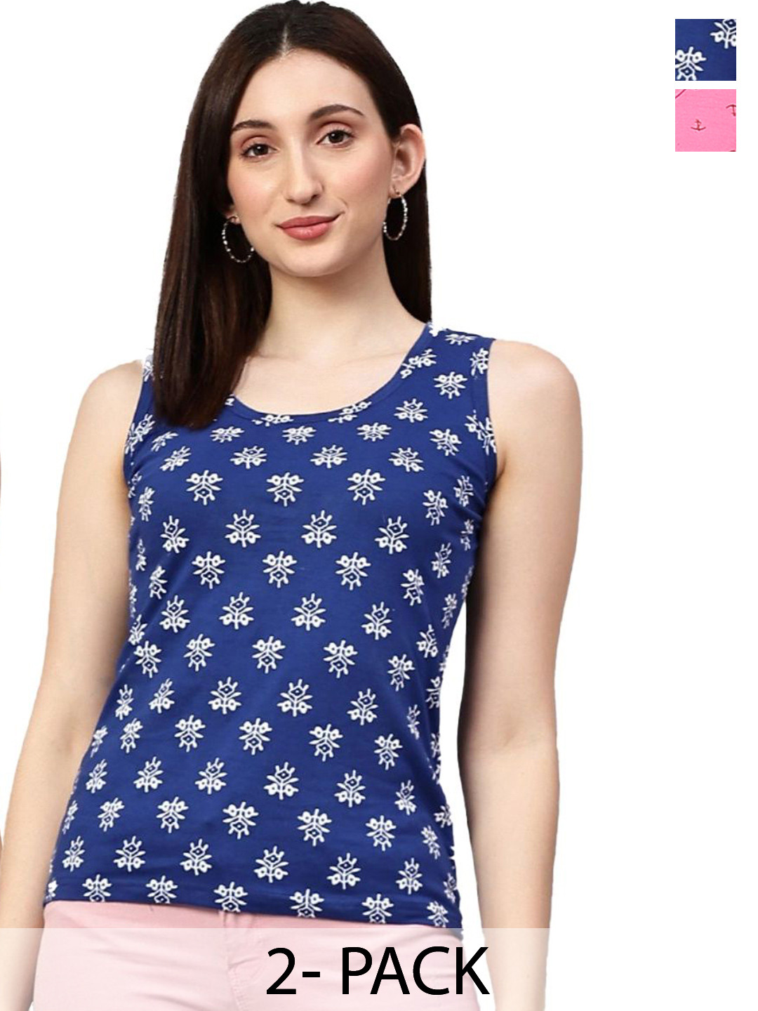Fasha Women Pack of 2 Cotton Casual Sleeveless Round Neck Printed Tank Top