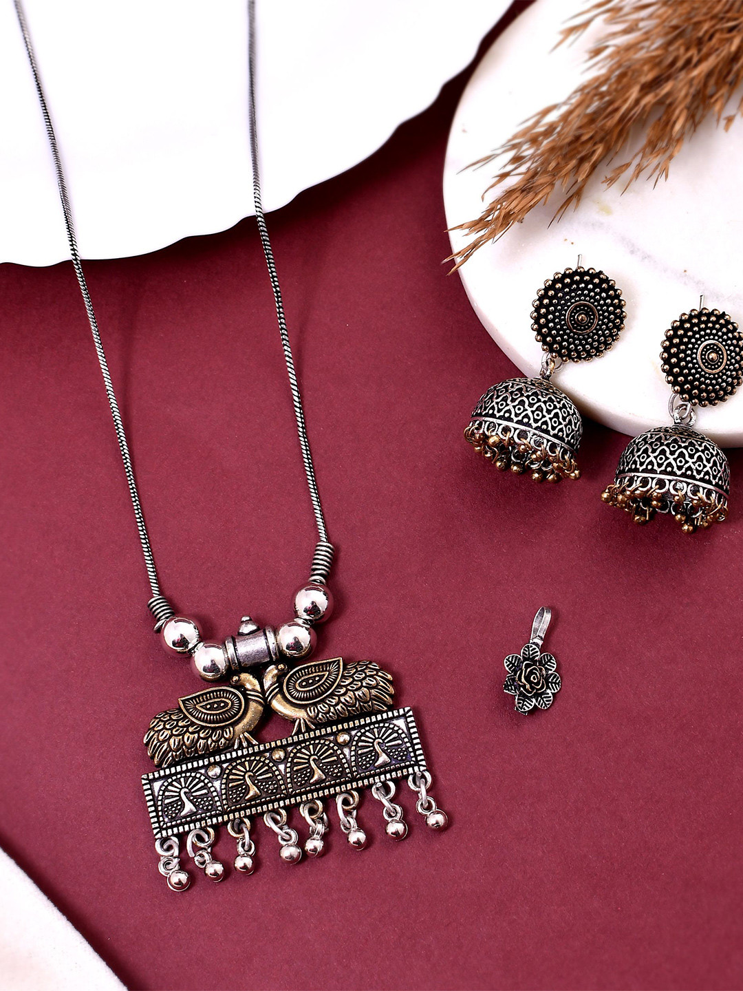 NAMAN ARTS Silver Plated Oxidised Peacock Design Textured Jewellery Set