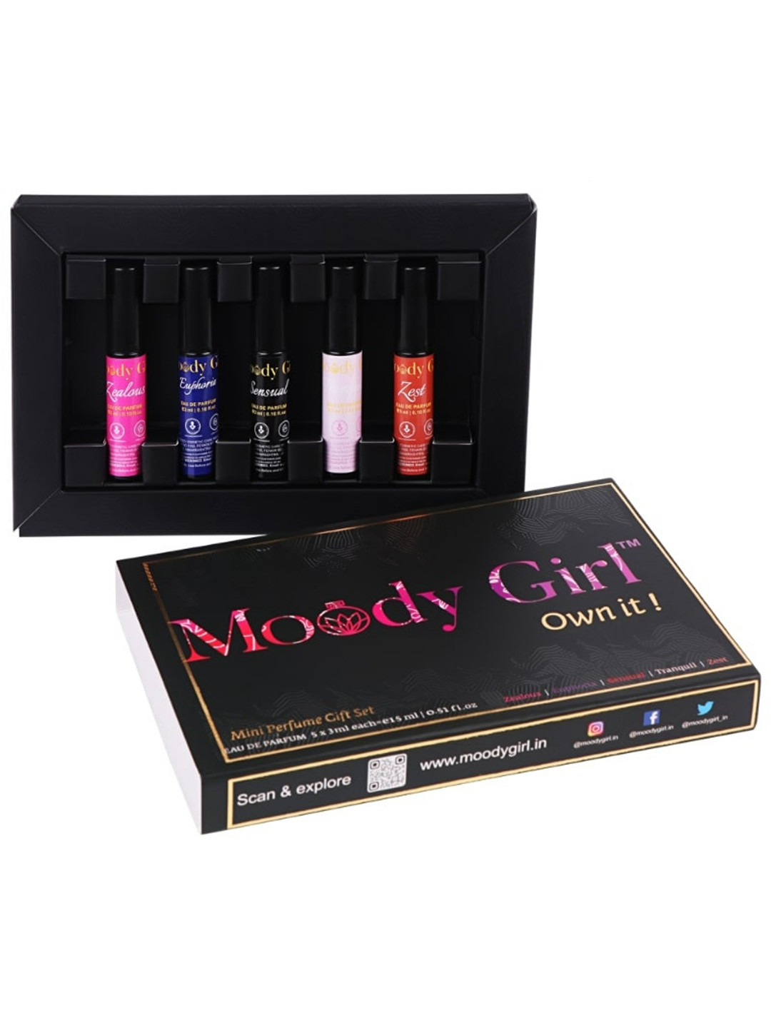 Moody Girl Set Of 5 Zealous Euphoria Sensual Tranquil & Zest Long Lasting EDP - 3 ml Each
