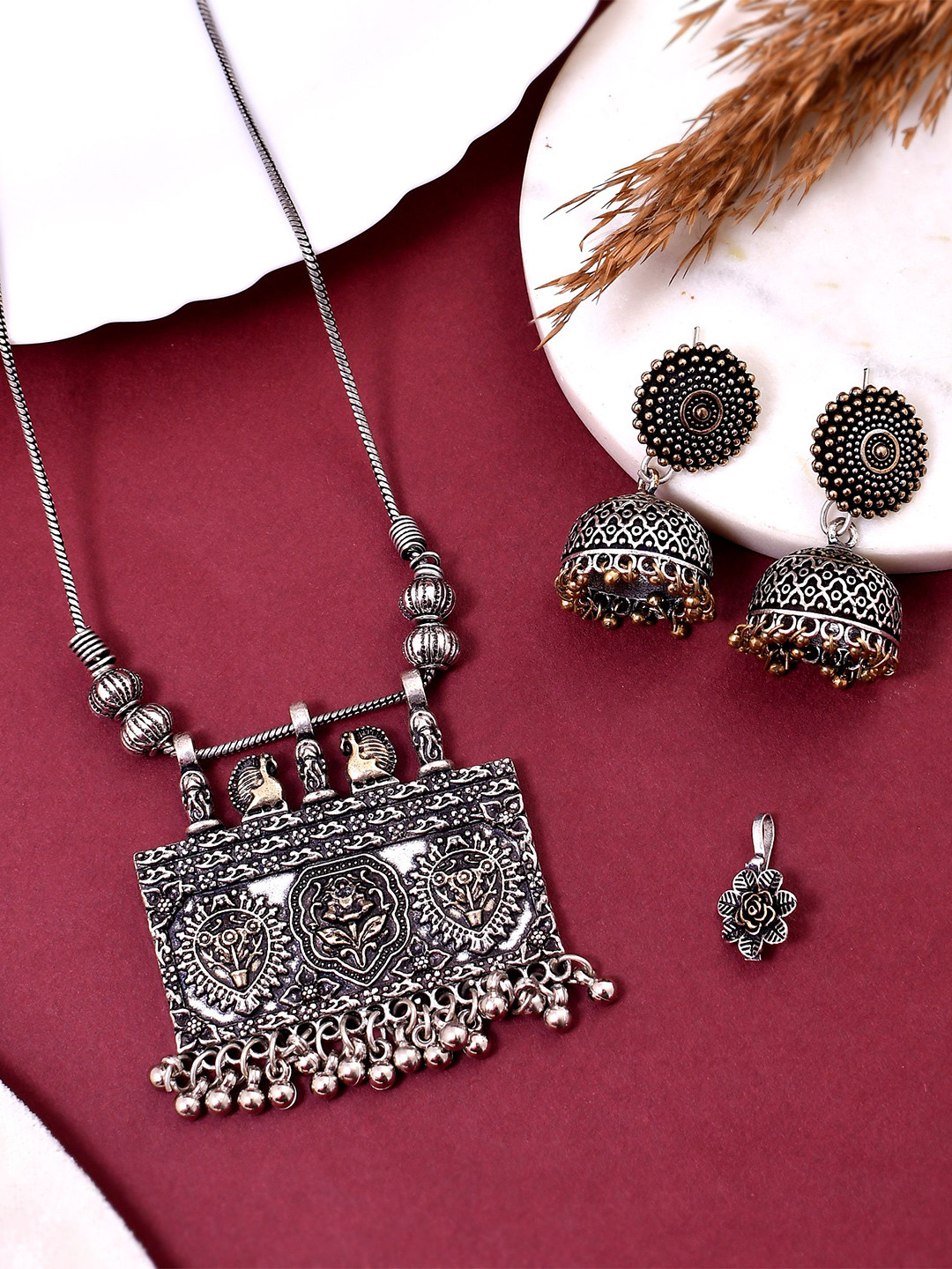 NAMAN ARTS Silver Plated Oxidised Peacock Design Textured Jewellery Set