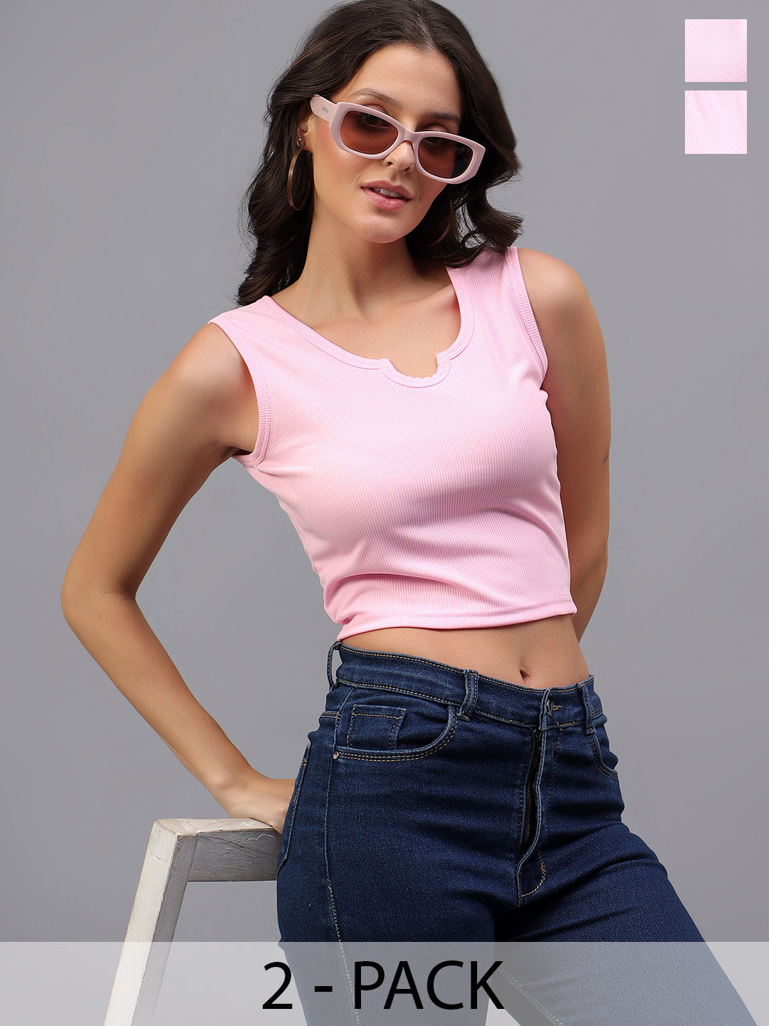 Fasha Women Pink Pack of 2 Rib U&V-Neck Sleeveless Crop Tops
