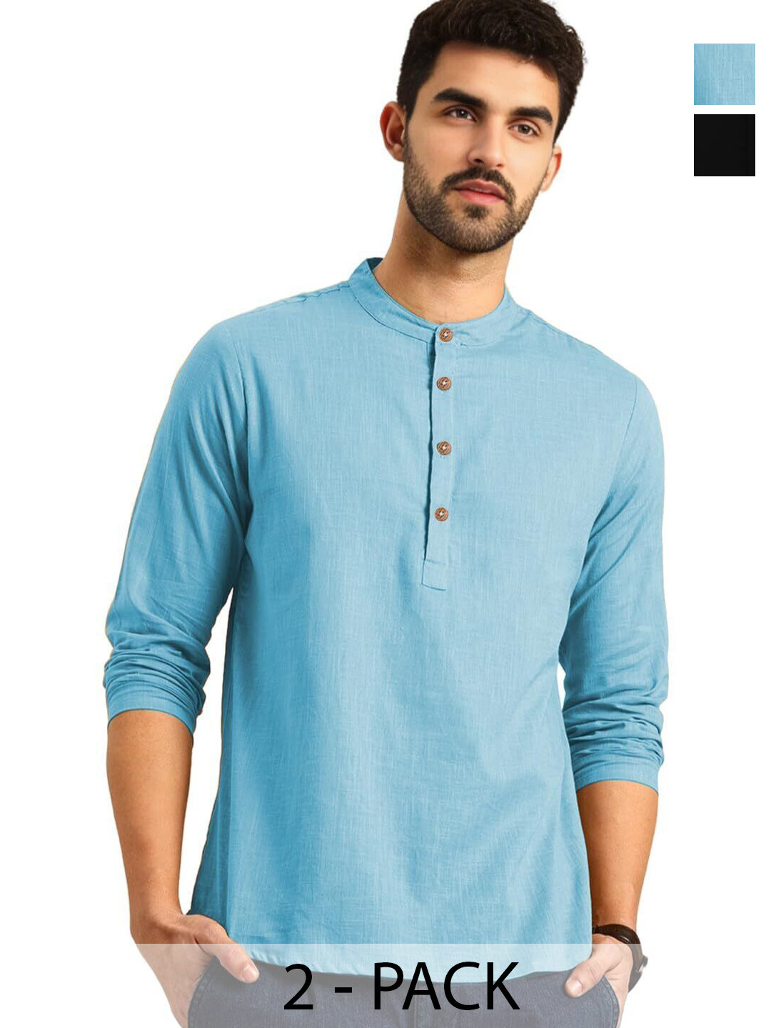 Edin Pack Of 2 Solid Mandarin Collar Roll-Up Sleeves Straight Kurtas