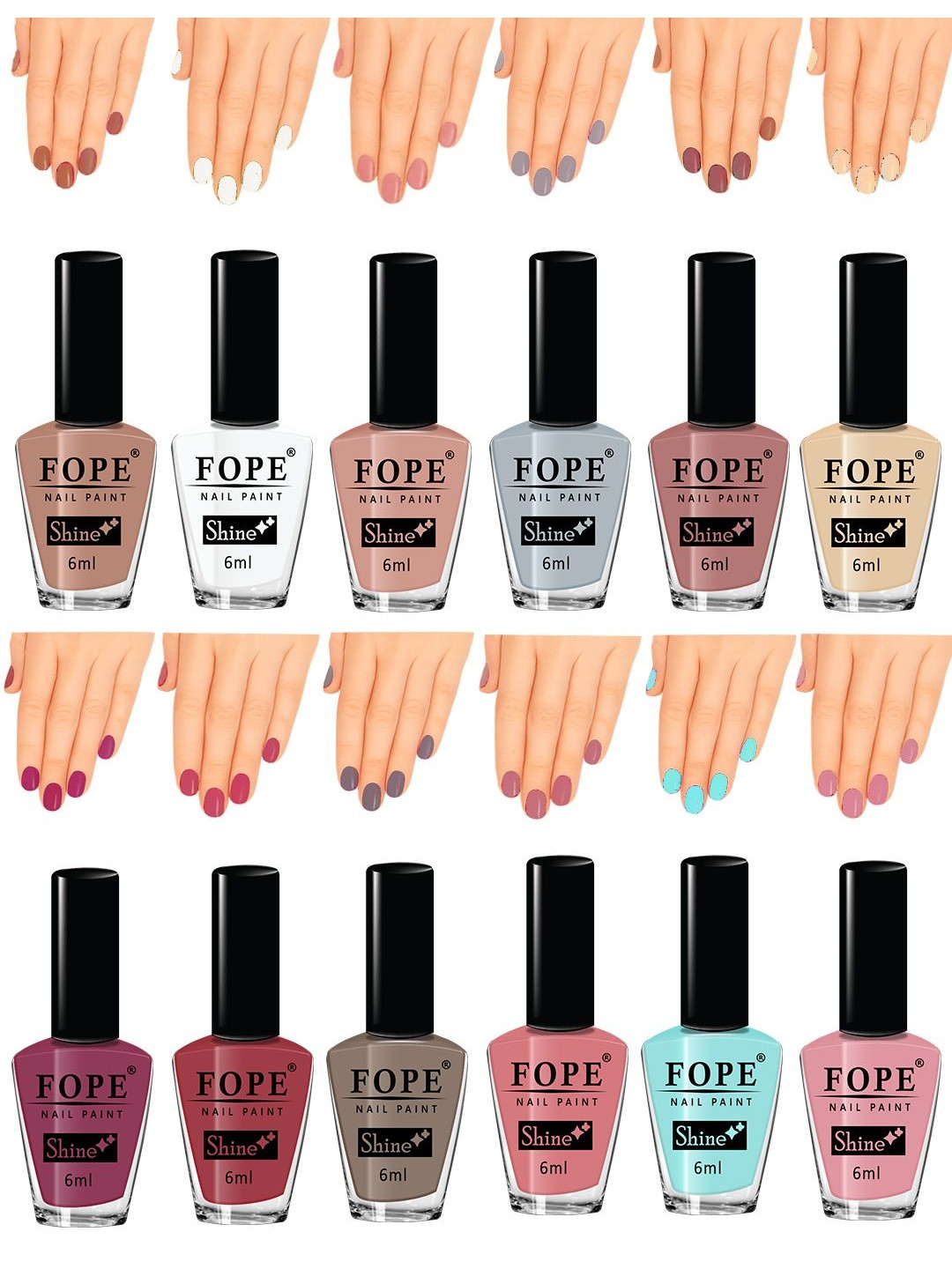 FOPE Set Of 12 High Pigment Shine Nail Polish - 6 ml Each - Set 04