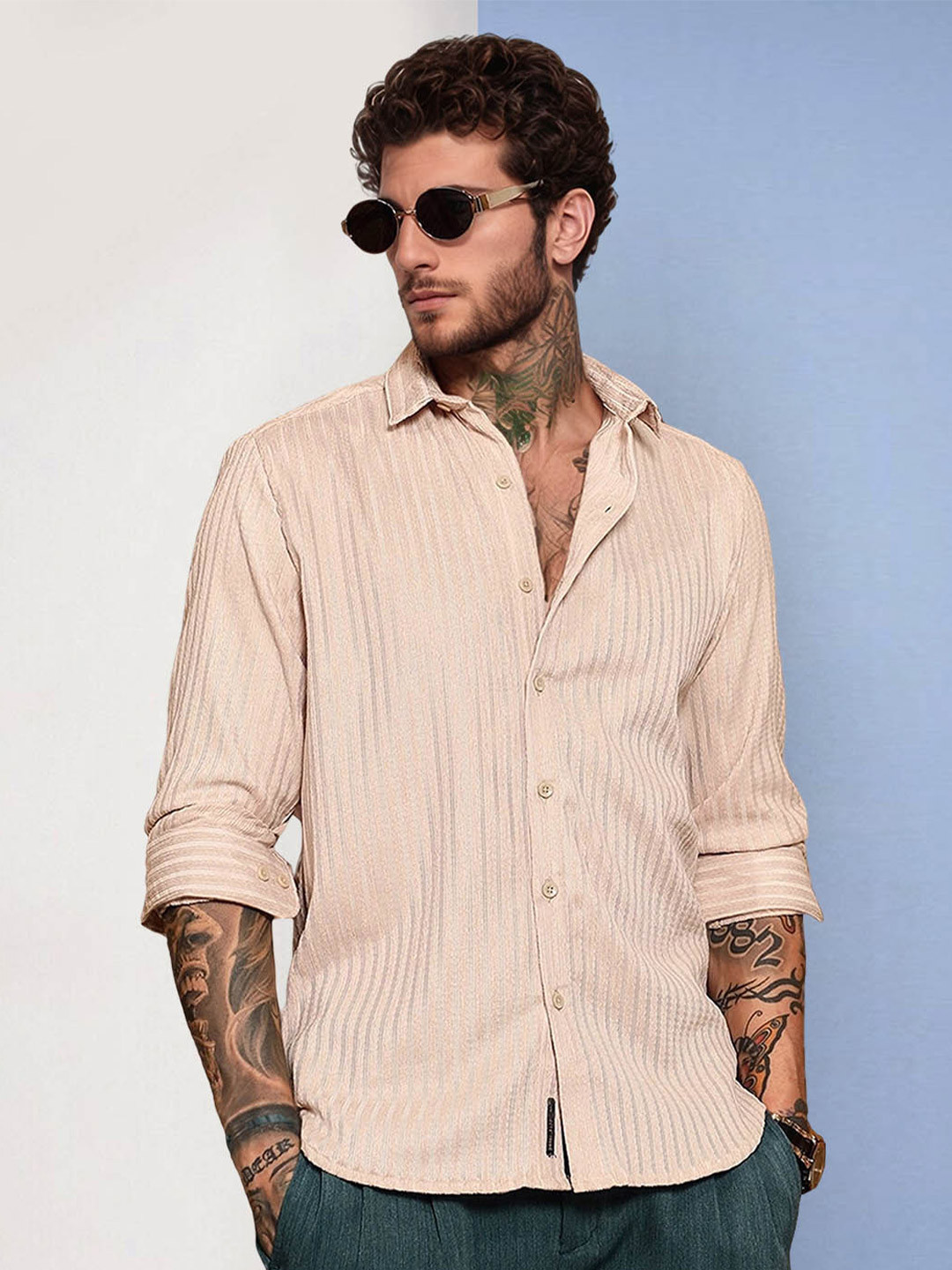 SZN Men Cream Striped Spread Collar Long Sleeve Cotton Casual Regular Shirt