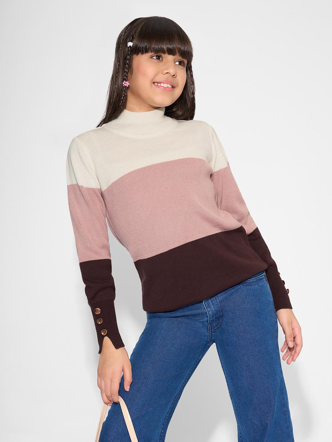 Pantaloons Junior Girls Colourblocked High Neck Ribbed Pullover Sweater