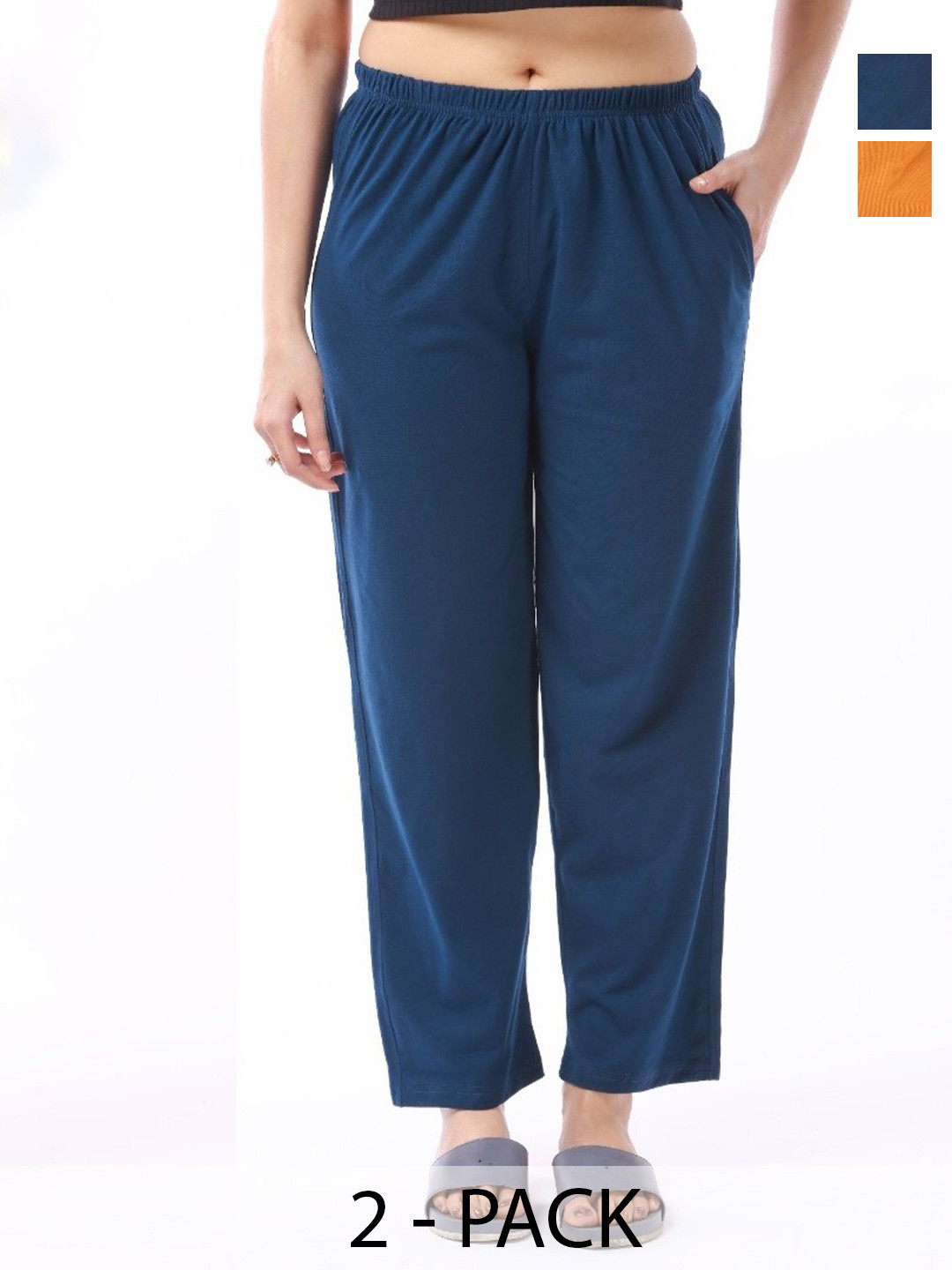 E-MAX Women Pack Of 2 Blue and Mustard Cotton Pyjamas