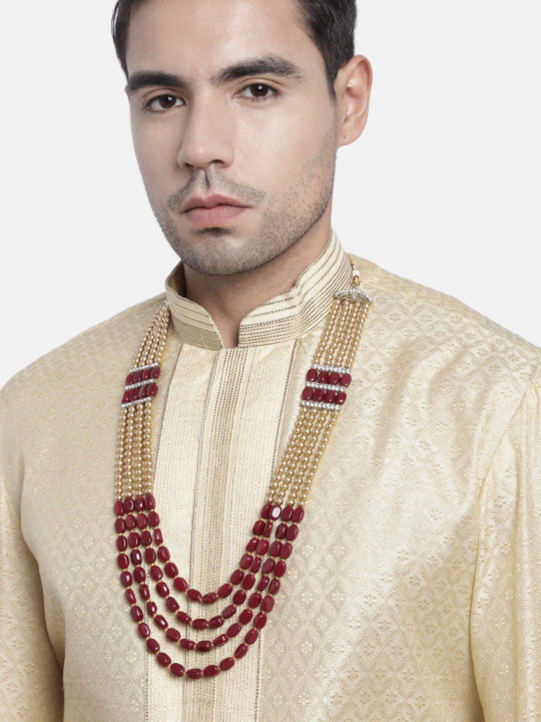 I Jewels Men Traditional Multi-Layer Pearl Necklace Mala