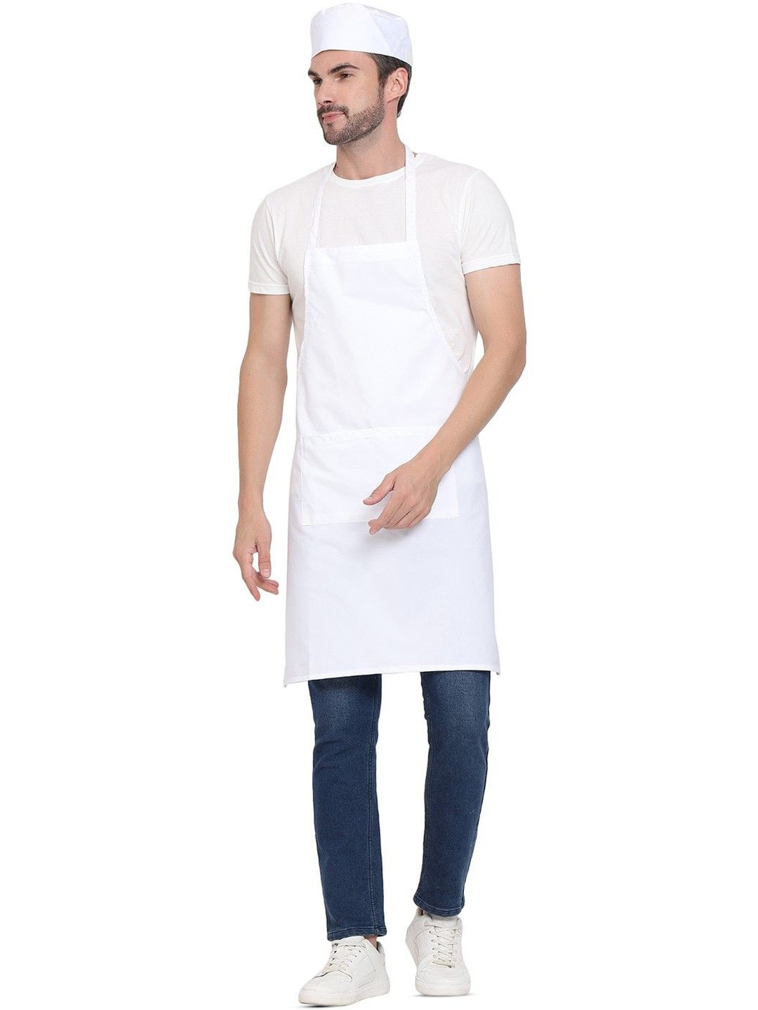 uniformer Men White Cotton Apron With Front Pocket