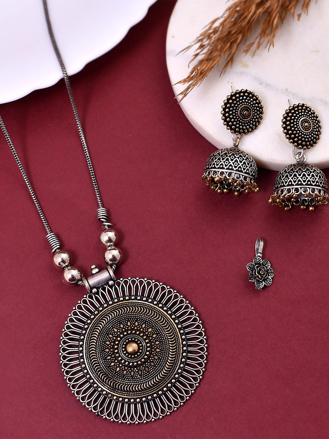NAMAN ARTS Silver & Gold-Plated Oxidised Floral Design Textured Jewellery Set