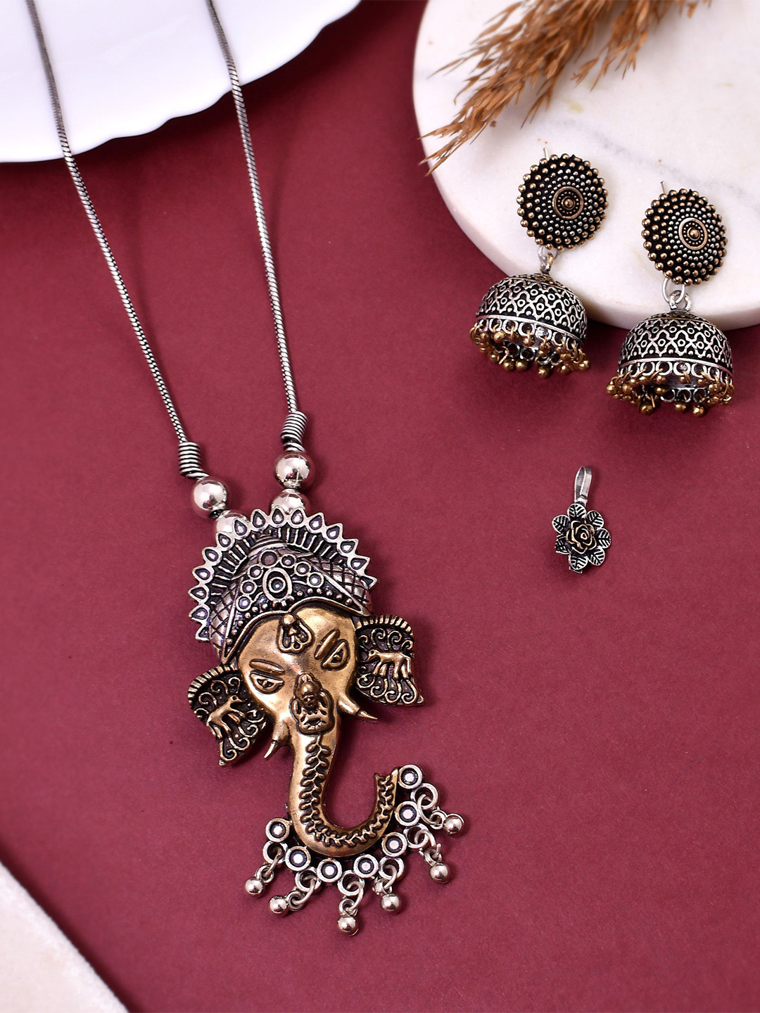 NAMAN ARTS Silver Plated Oxidised Ganesh Goddess Textured Jewellery Set