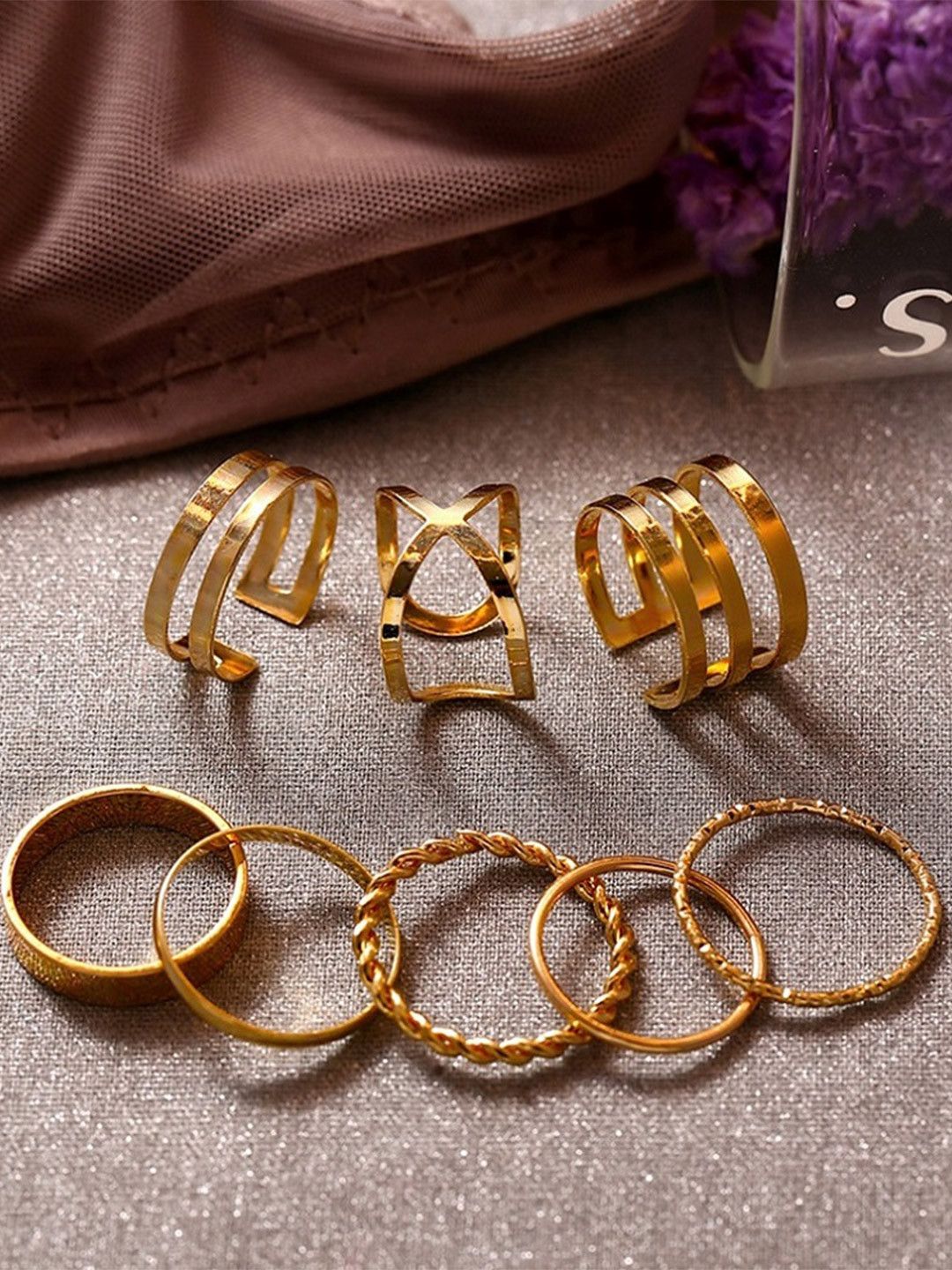 TheVineGirl Women Set of 8 Gold-Plated Ring Set