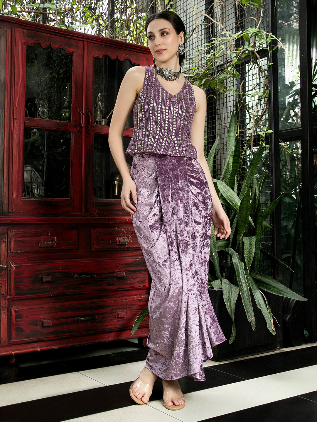 QISSA Women Mirror Embellished Velvet Co-Ord Set