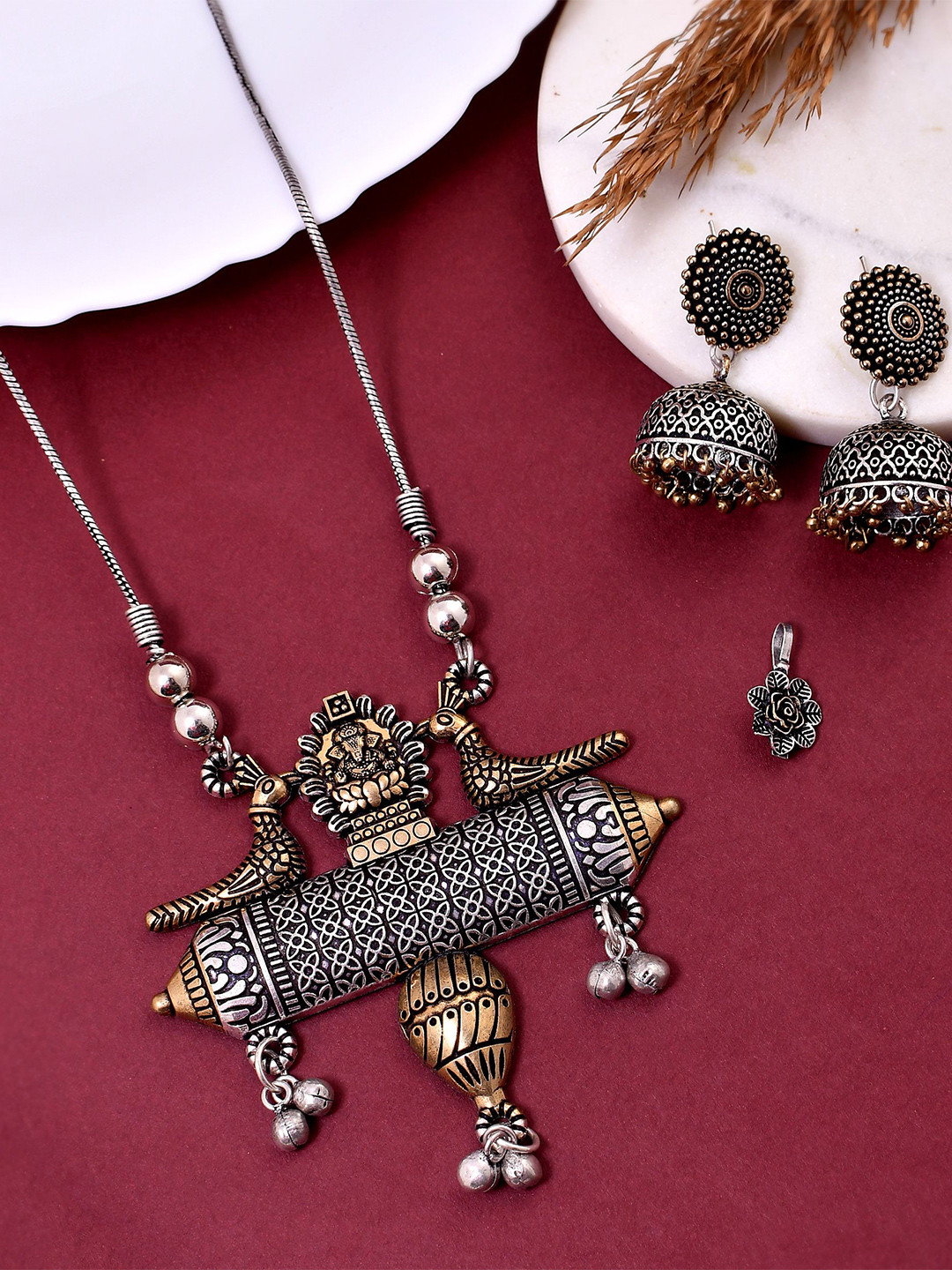 NAMAN ARTS Silver & Gold-Plated Oxidised Peacock Design Ganesh Goddess Jewellery Set