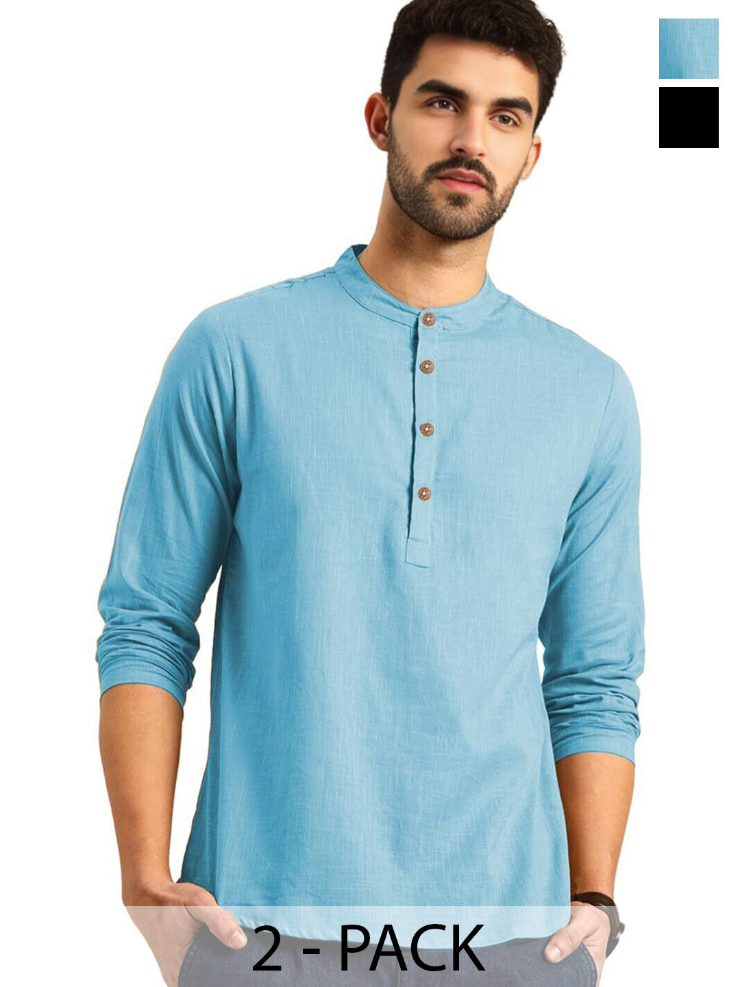 Edin Pack Of 2 Solid Mandarin Collar Roll-Up Sleeves Straight Kurtas