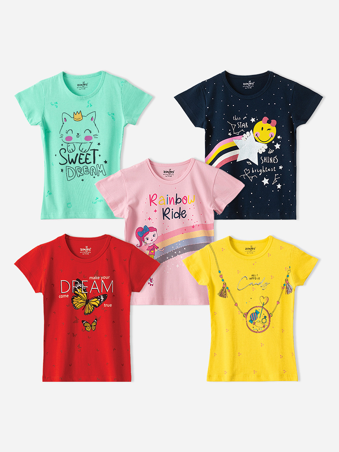 ZUNIORS SSC Girls Set Of 5 Graphic Printed Pure Cotton T-shirt