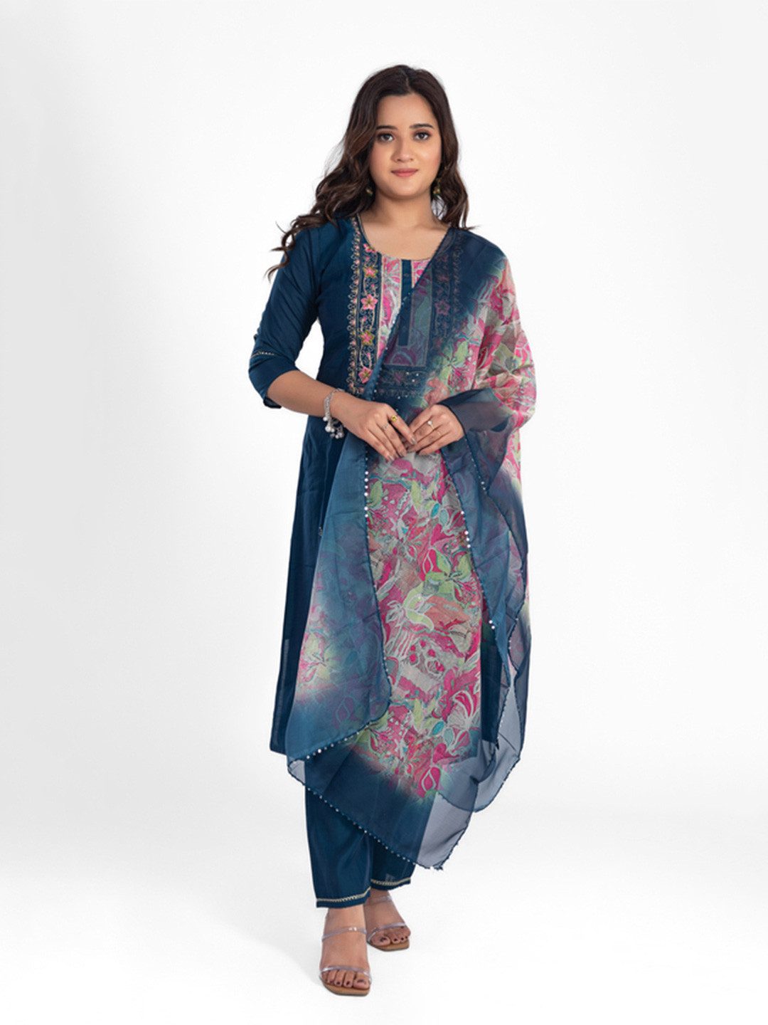 Label By Anusha Floral Printed Straight Pure Silk Kurta With Churidar & Dupatta