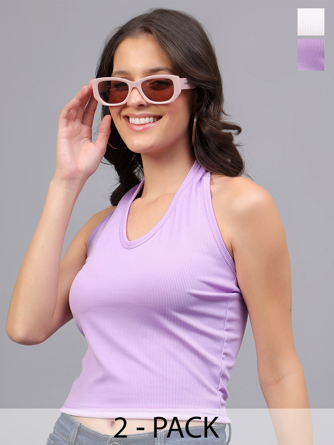 Fasha Women Pack Of 2 Rib U & V-Neck Sleeveless Tank Crop Top