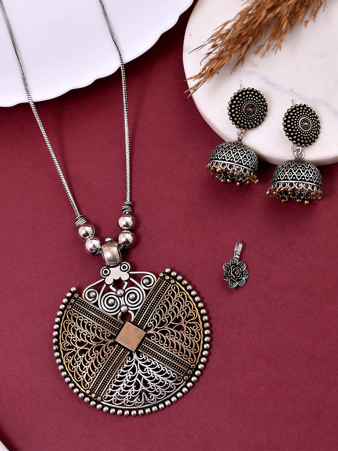 NAMAN ARTS Silver & Gold-Plated Oxidised Floral Design Textured Jewellery Set