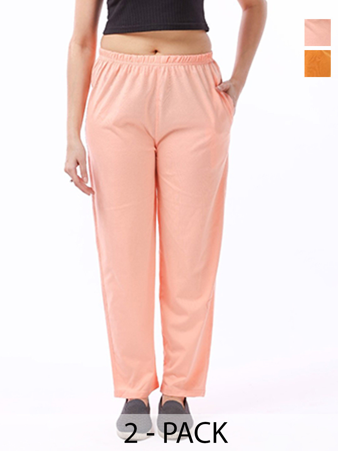 E-MAX Women Pack of 2 Orange & Peach Cotton Solid Pyjamas