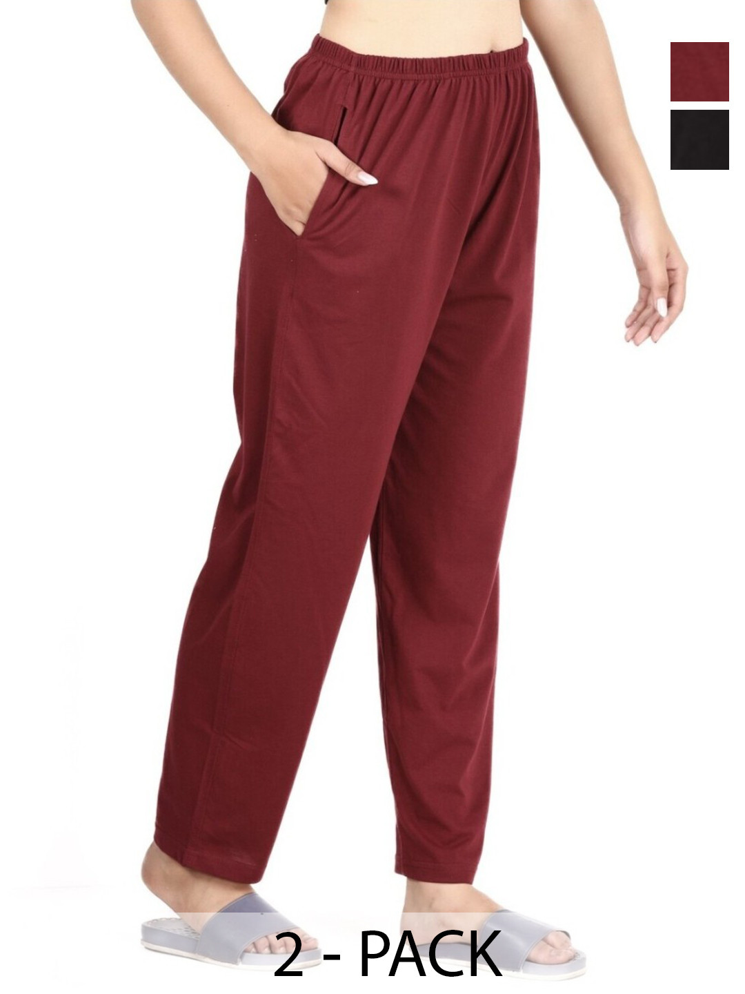 E-MAX Women Pack Of 2 Regular Fit Mid-Rise Plain Cotton Pyjamas