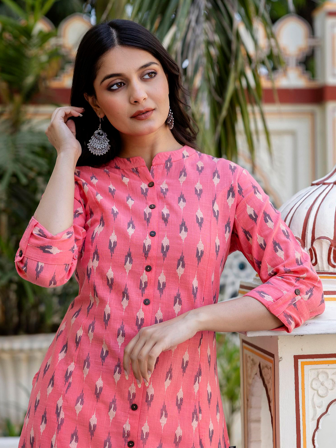 Pistaa Abstract Printed Mandarin Collar Pure Cotton Kurta With Palazzo