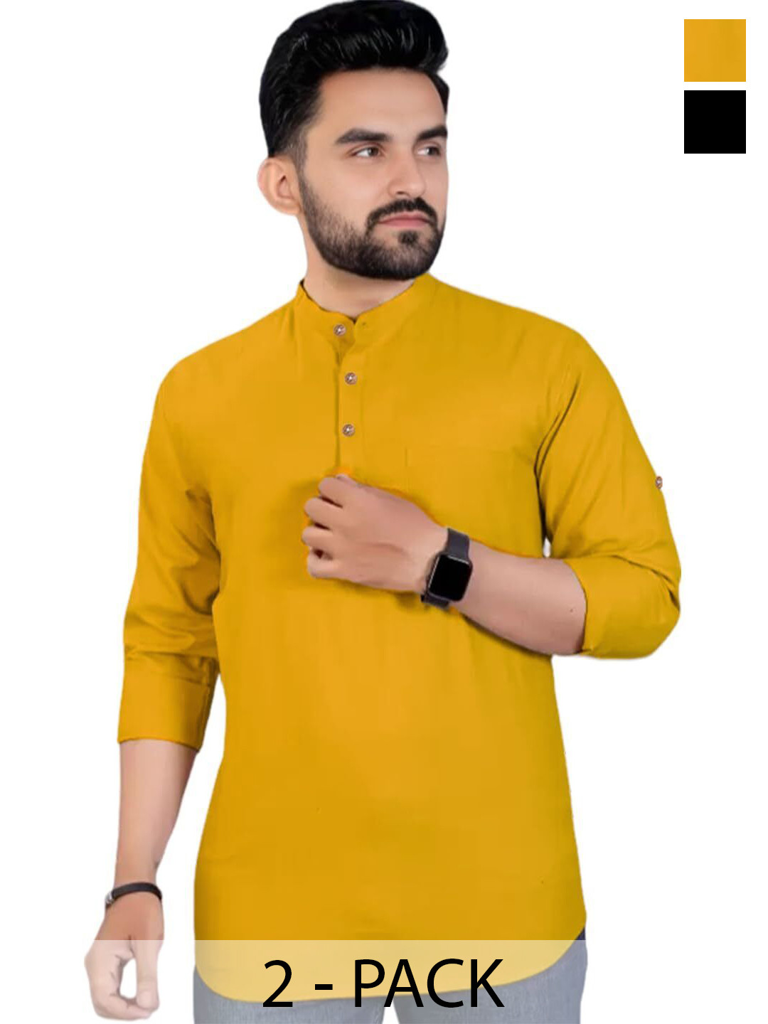 Edin Pack Of 2 Solid Mandarin Collar Roll-Up Sleeves Straight Kurtas