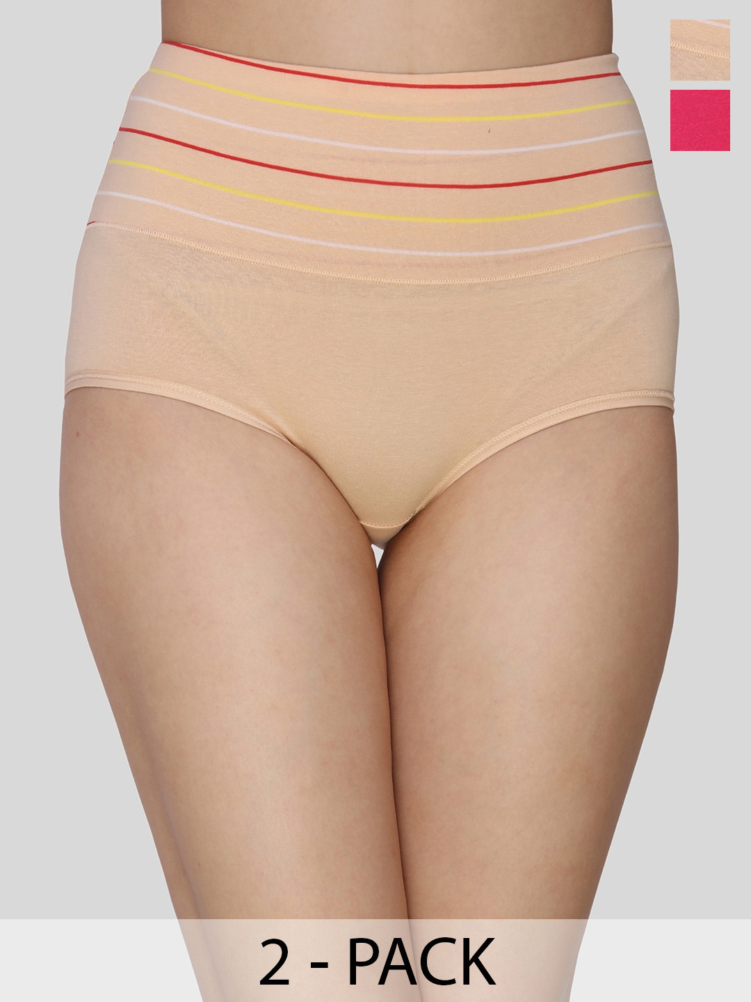 Glamoras Women Pack of 2 Striped Cotton Spandex High Waist Panty