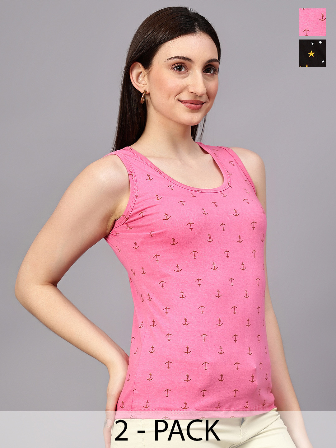 Fasha Women Pack Of 2 Conversational Printed Round Neck Sleeveless Tank Tops