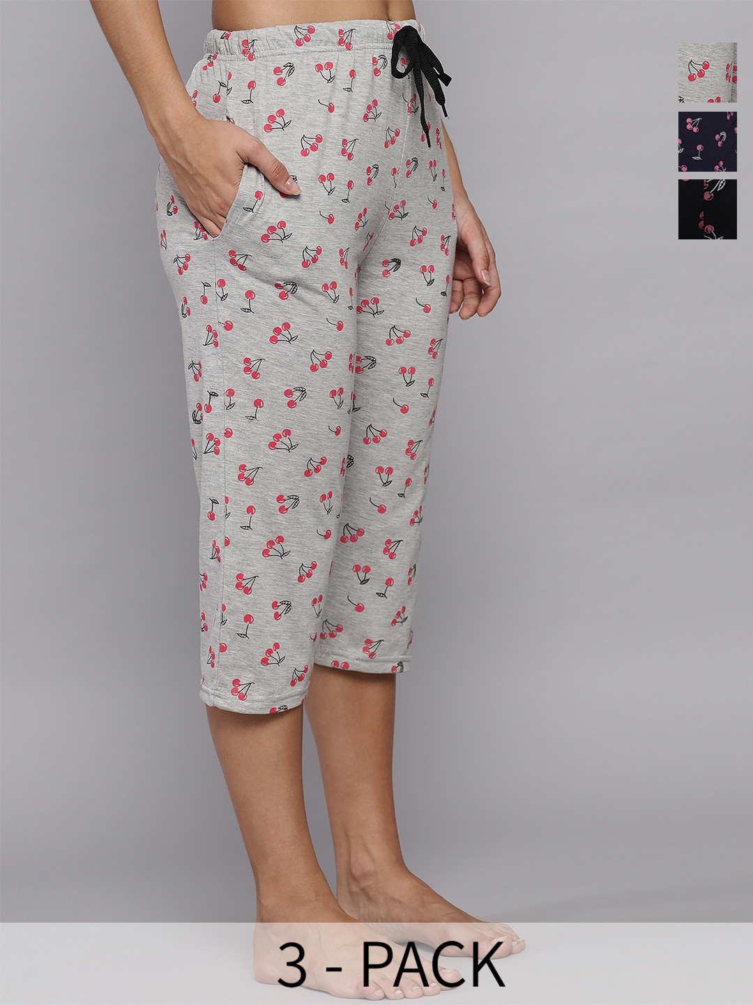 FIT N FAME Women Pack of 3 Printed Cotton Mid-Rise Capris With Drawstring Closer