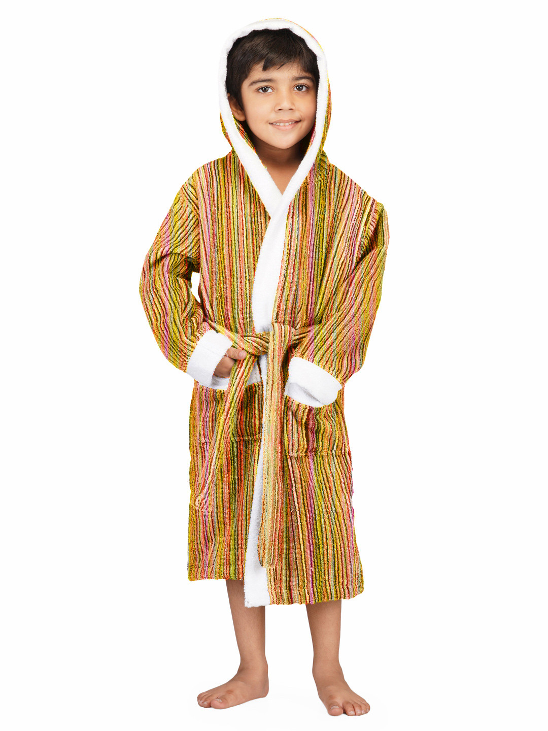 RANGOLI Tonal, 400 GSM Yellow Striped Cotton Drawstring Knee Length Bath Robe