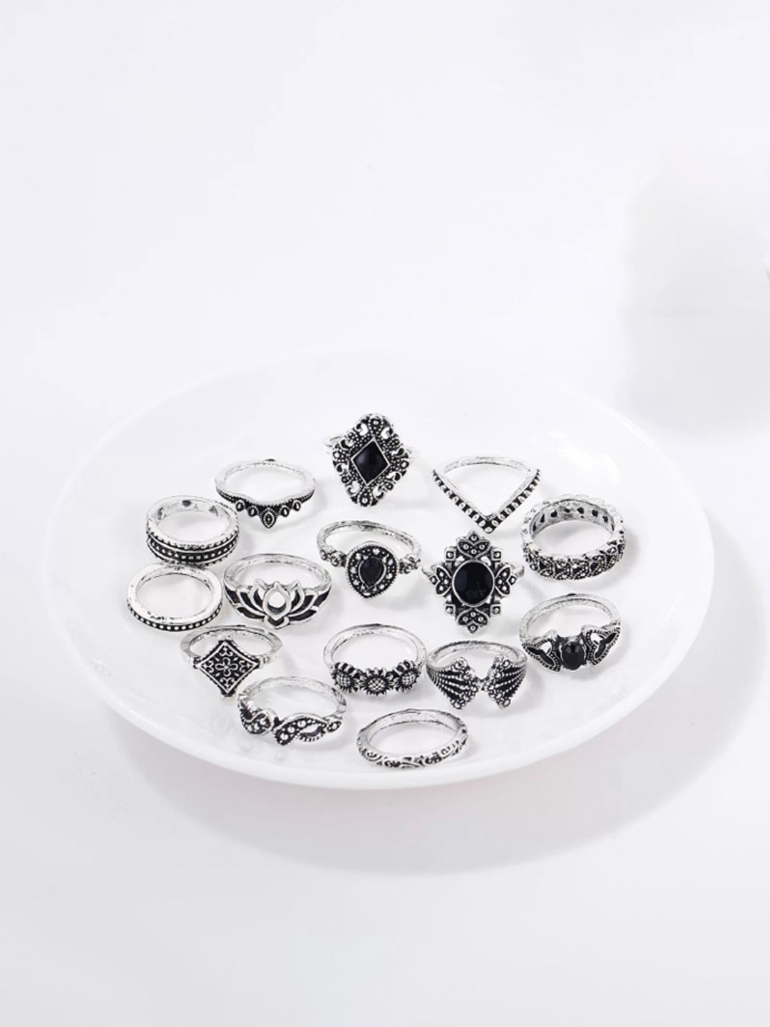 TheVineGirl Women Set of 15 Oxidised Vintage Floral Designs Ring Set