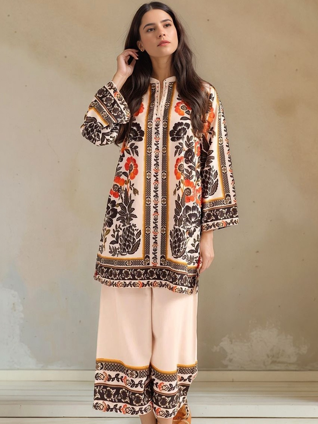 Moda Rapido Floral Printed Mandarin Collar Top With Palazzos Co-Ords
