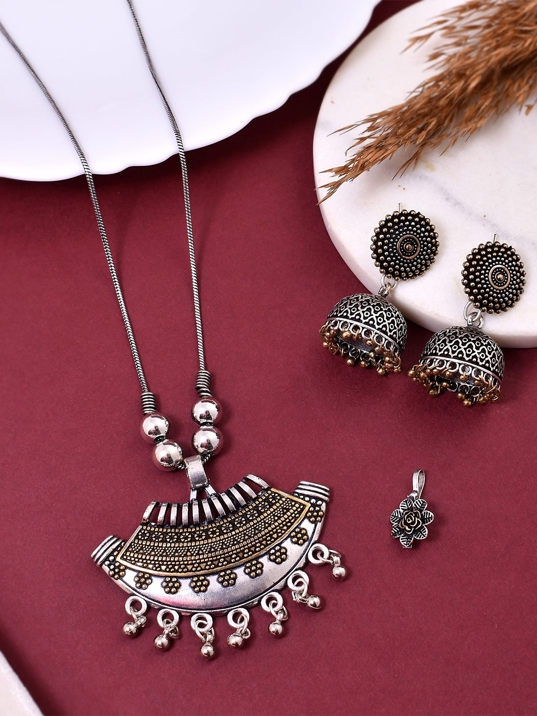 NAMAN ARTS Silver Plated Oxidised Pendant & Jhumkas With Nose Ring