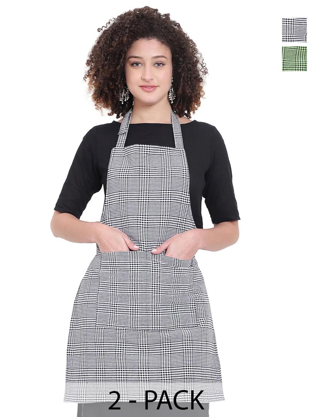 DESNUDA White 2 Pieces Checked Cotton Aprons With 2 Pockets & Long Neck Adjustable Strap
