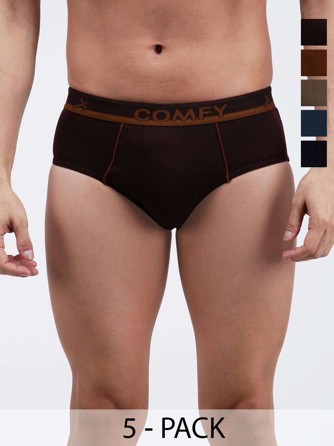 AMUL COMFY Men Pack Of 5 Multi Cotton Solid Mid-Rise Outer Elastic Briefs