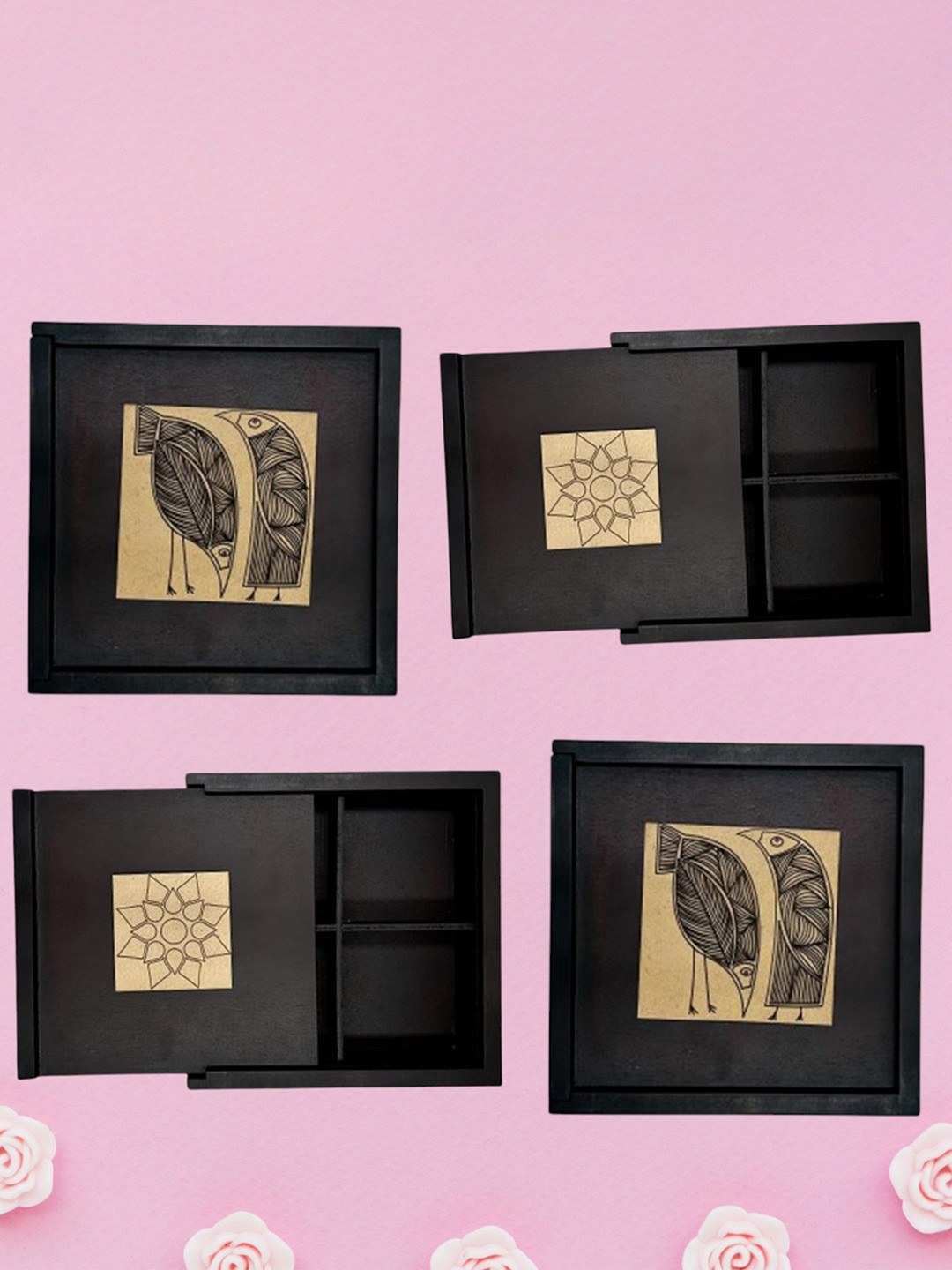Angira handicrafts Black & Brown Set Of 4 Wooden Square Dry Fruit Box